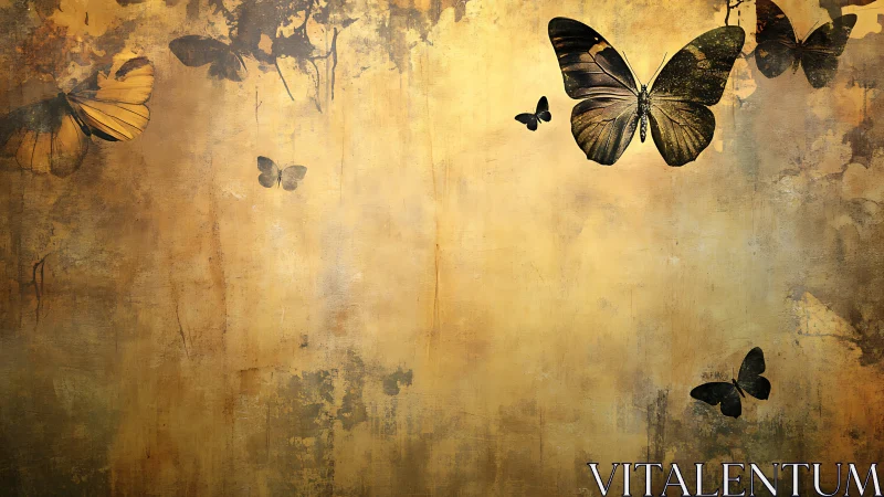 Golden sepia butterflies drifting across textured sky.