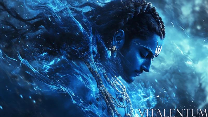 Celestial blue figure drifting in a river of quiet light.