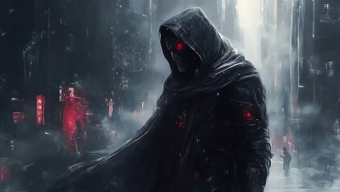 Shrouded cyber assassin in neon drenched winter alleyway.