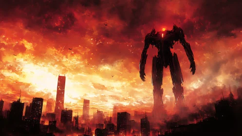 Colossal fiery mech strides over a city in burning twilight