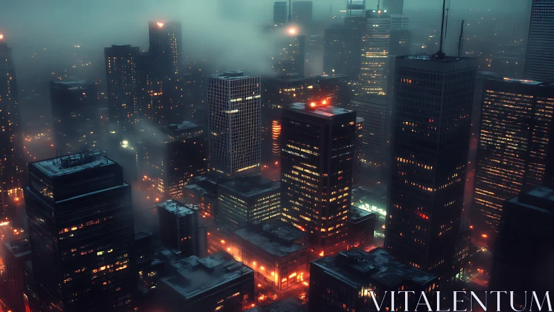 Dense foggy high rise cityscape with illuminated windows.
