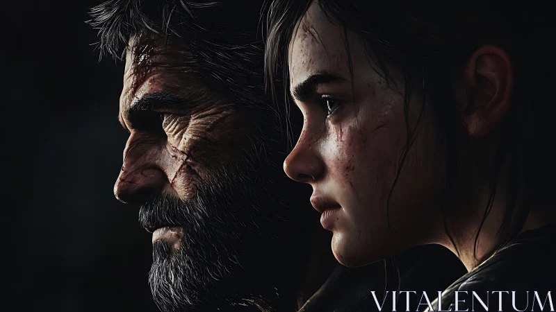 Two scarred digital characters stare forward in side profile
