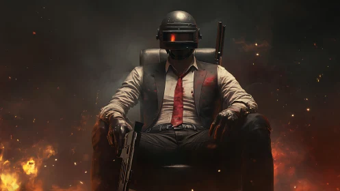 Calm warrior in a blaze of sparks and drifting smoke.