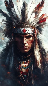 Warrior in feathered headdress within swirling painted storm.
