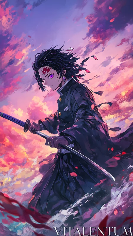 Sword-wielding anime character stands in stylized seascape sky