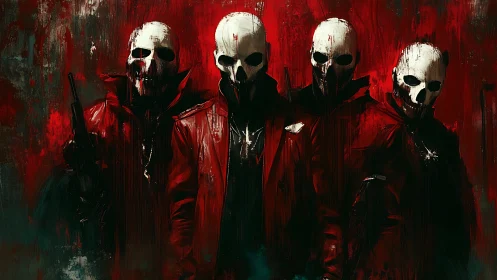 Militant quartet in skull masks with red tactical coats