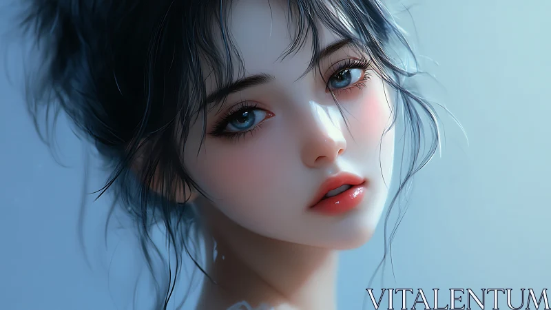 Soft blue gaze in a dreamlike digital portrait glow.