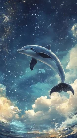 Dolphin swimming through starry sky above bright clouds.