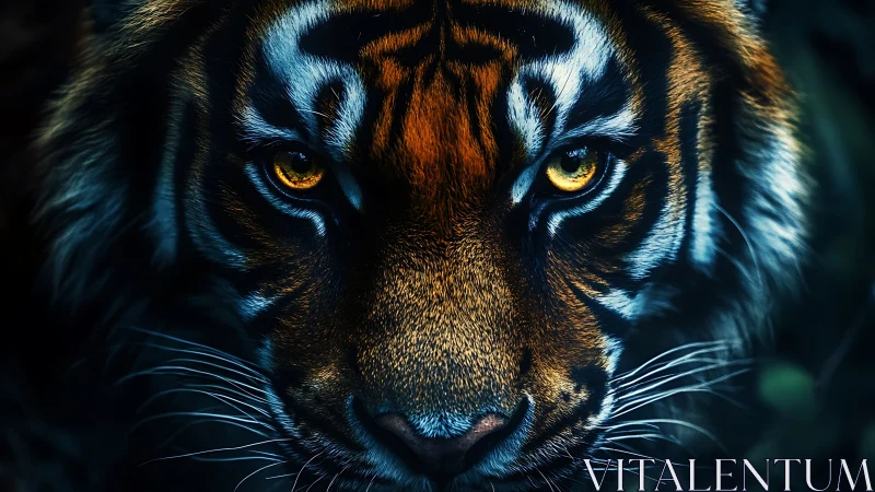 Intense tiger close up with glowing golden eyes at night.