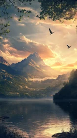 Sunlit alpine lake beneath stratified mountainscape at dusk