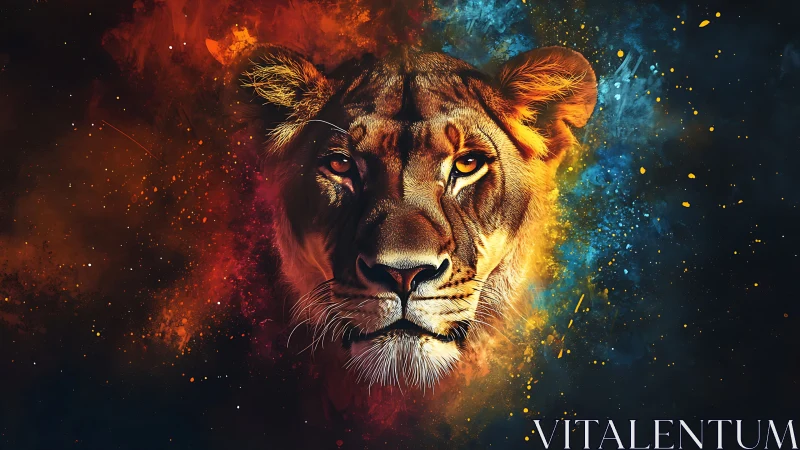 Fierce lioness gazes calmly through swirling cosmic colors