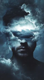 Male portrait merged with illuminated storm clouds in blue tones.