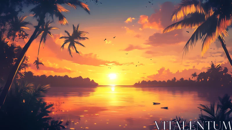 Sunset illuminates tropical lagoon with silhouetted palm trees