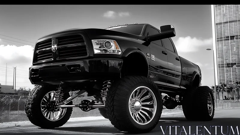 Lifted black pickup truck on city street in low angle view.