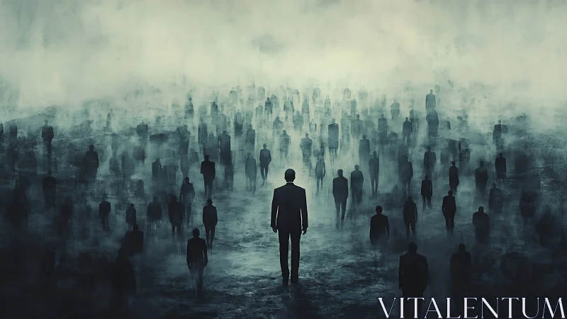 Silhouetted figures in dense fog across open landscape.