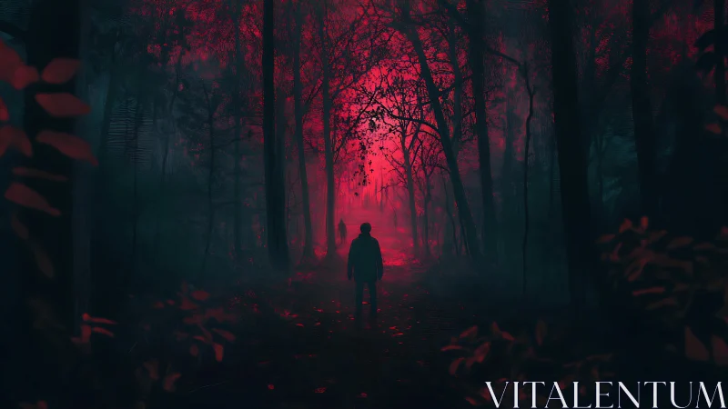 Silhouetted figures walking through eerie red forest path.
