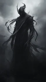 Shadow entity in tattered biomorphic armor emerges from dense fog