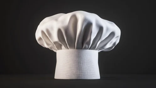 Classic chef’s hat in studio lighting, minimalist dark background.