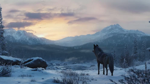 Wolf stands in snowy valley before distant mountain sunrise