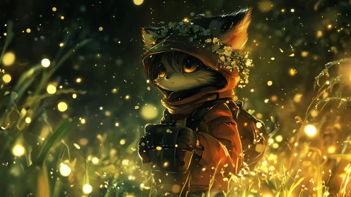 Bioluminescent meadow scout with hooded foxlike traveler rendered