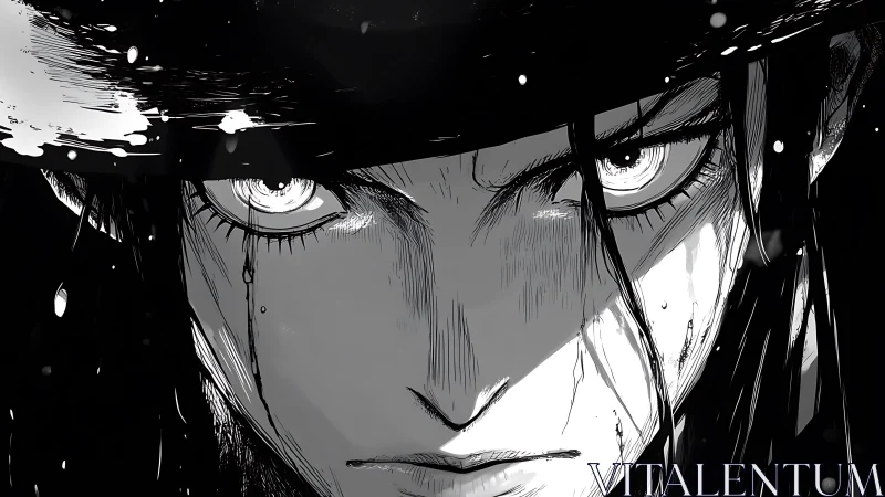 Intense anime swordsman glares forward under dripping hat brim