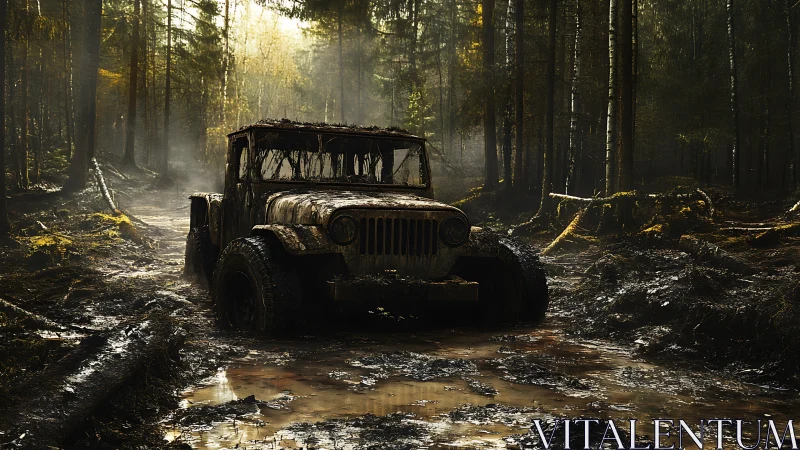 Mud covered off road vehicle stationary in dense forest trail.