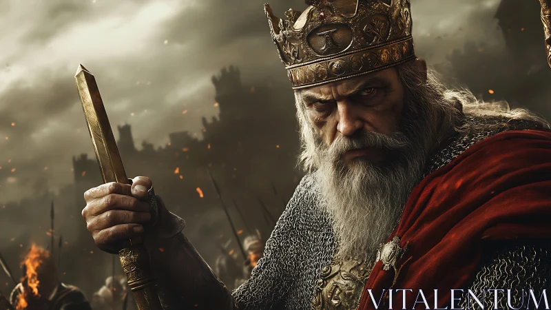 Battle-hardened medieval king in photorealistic war tableau.