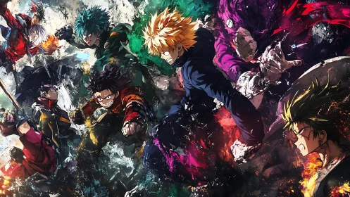 Explosive anime heroes colliding in a storm of shattered color.