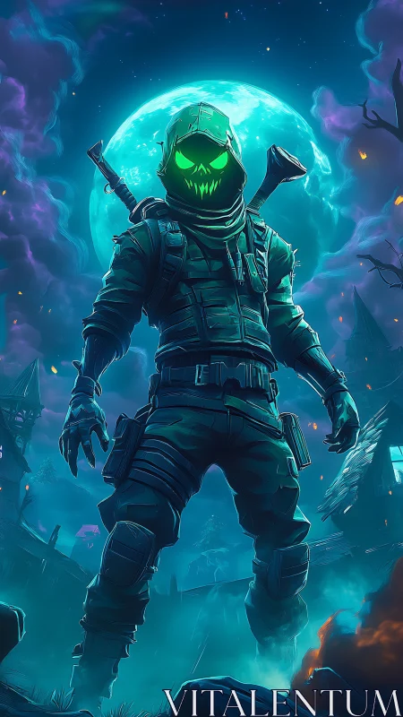 Hooded armed figure stands before full moon in stylized scene