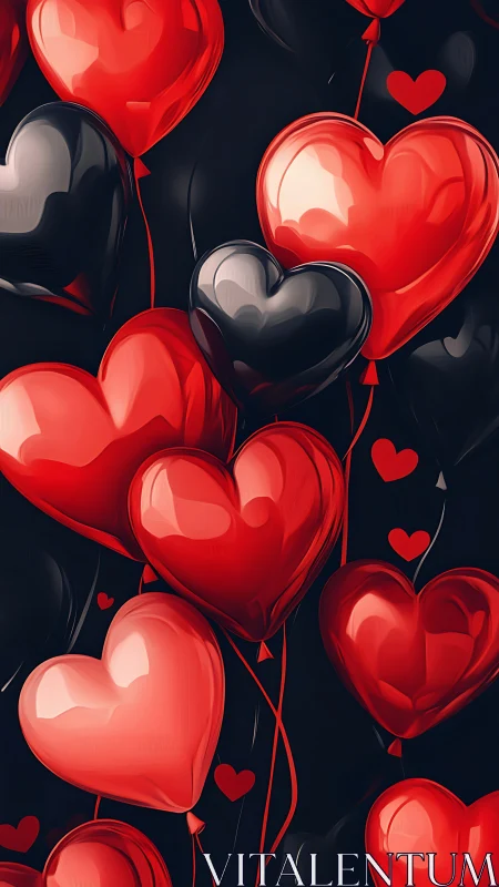 Glossy Red Heart Balloons Against Dark Background