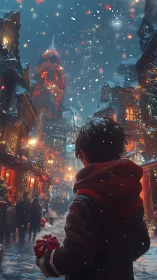 Snowlit gift bearer wandering through a glowing yuletide street.