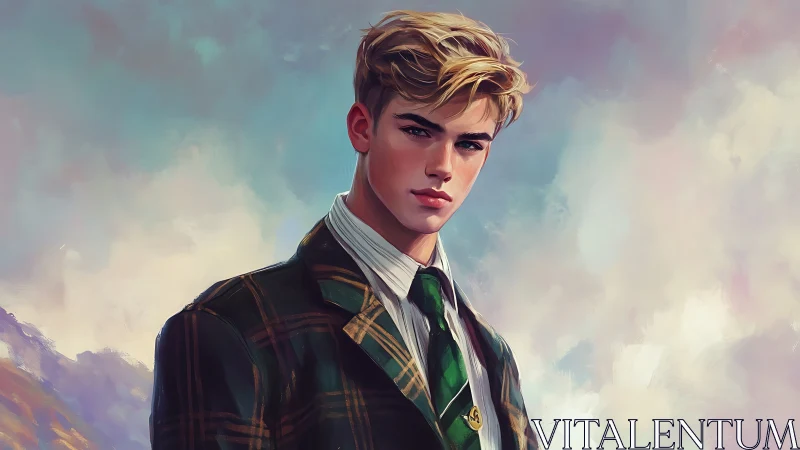 Digital portrait of blond youth in plaid blazer against sky.