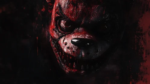 Bloodstained animatronic bear portrait in dramatic chiaroscuro.