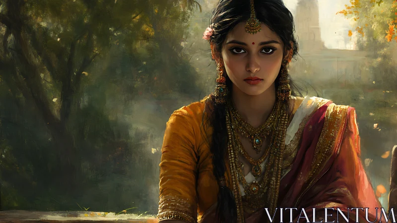 Serene woman in traditional jewelry gazes through soft dusk light.