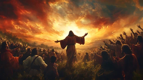 Sunlit preacher welcoming a sea of uplifted believers.