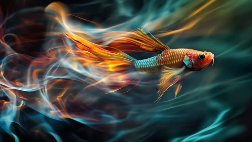 Fiery betta fish streaks through swirling smoke and color.