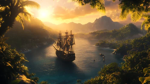 Sailing ship anchored in tropical bay at golden hour sunset