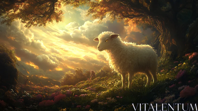 Sunlit lamb quietly crowns a spellbound forest meadow