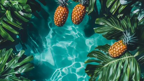 Pineapples and tropical leaves over clear turquoise water.