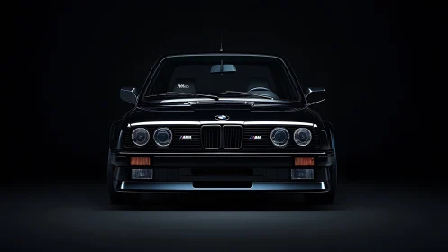 Classic black BMW M series coupe front view in studio.