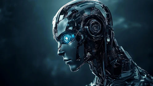 Futuristic chrome android head with illuminated blue eye.