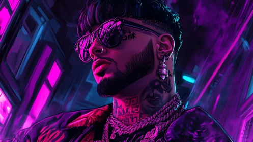 Neon-lit street poet leans into a violet city midnight