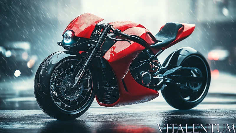 Sleek red futuristic motorcycle glows softly on a rainy street
