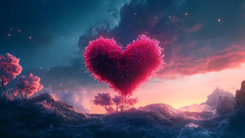 Pink Heart Cloud Defies Gravity Above Neon Mountains