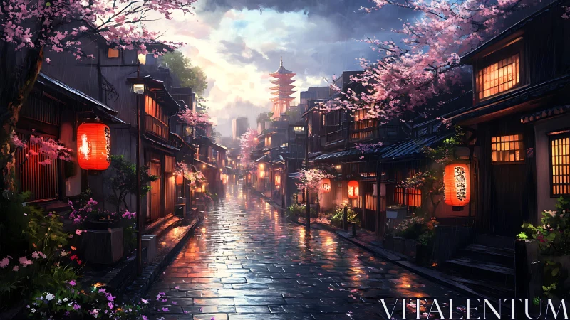 Rain-lacquered Kyoto alley with lantern bloom and pagoda glow.