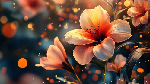 Illuminated flowers with bokeh light effects and warm color gradients