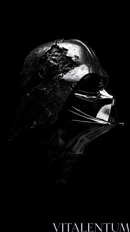 Weathered black sci‑fi helmet emerges from deep shadow.