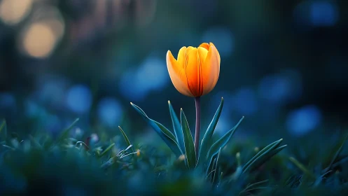 Single yellow tulip in shallow focus outdoor setting.