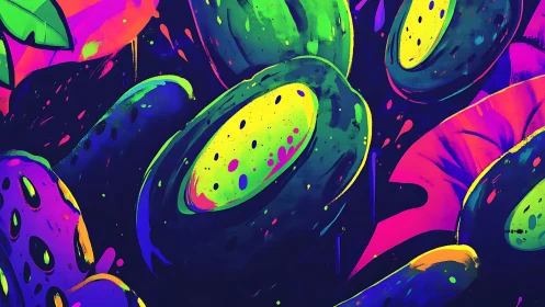 Neon jungle fruit orbiting in an ultraviolet dreamscape.