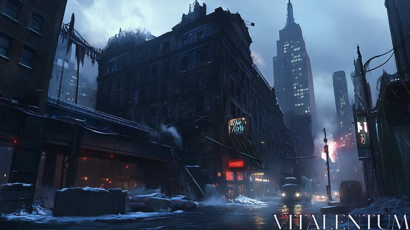 Dark futuristic city street with snow, neon, and traffic.